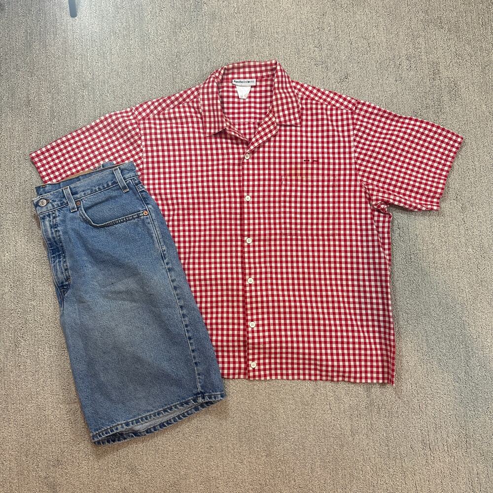 Red Y2K Surf Style Boxy Cropped Button Up Shirt